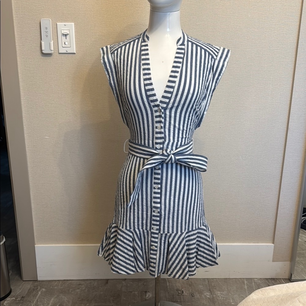 Veronica Beard Blue and White Ruffled Tie Front Mini Dress